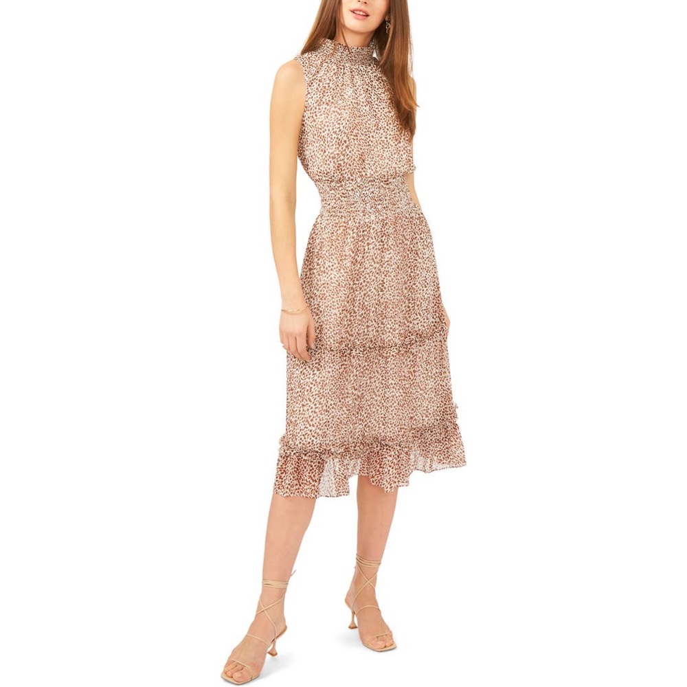 1 State Leopard Smocked Mock Neck Sleeveless Midi Dress Medium
